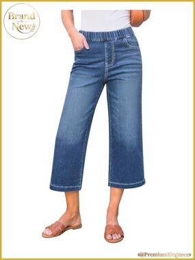 Wide Leg High Waisted Stretch Capri Jeans for Women, Pull On with Pockets